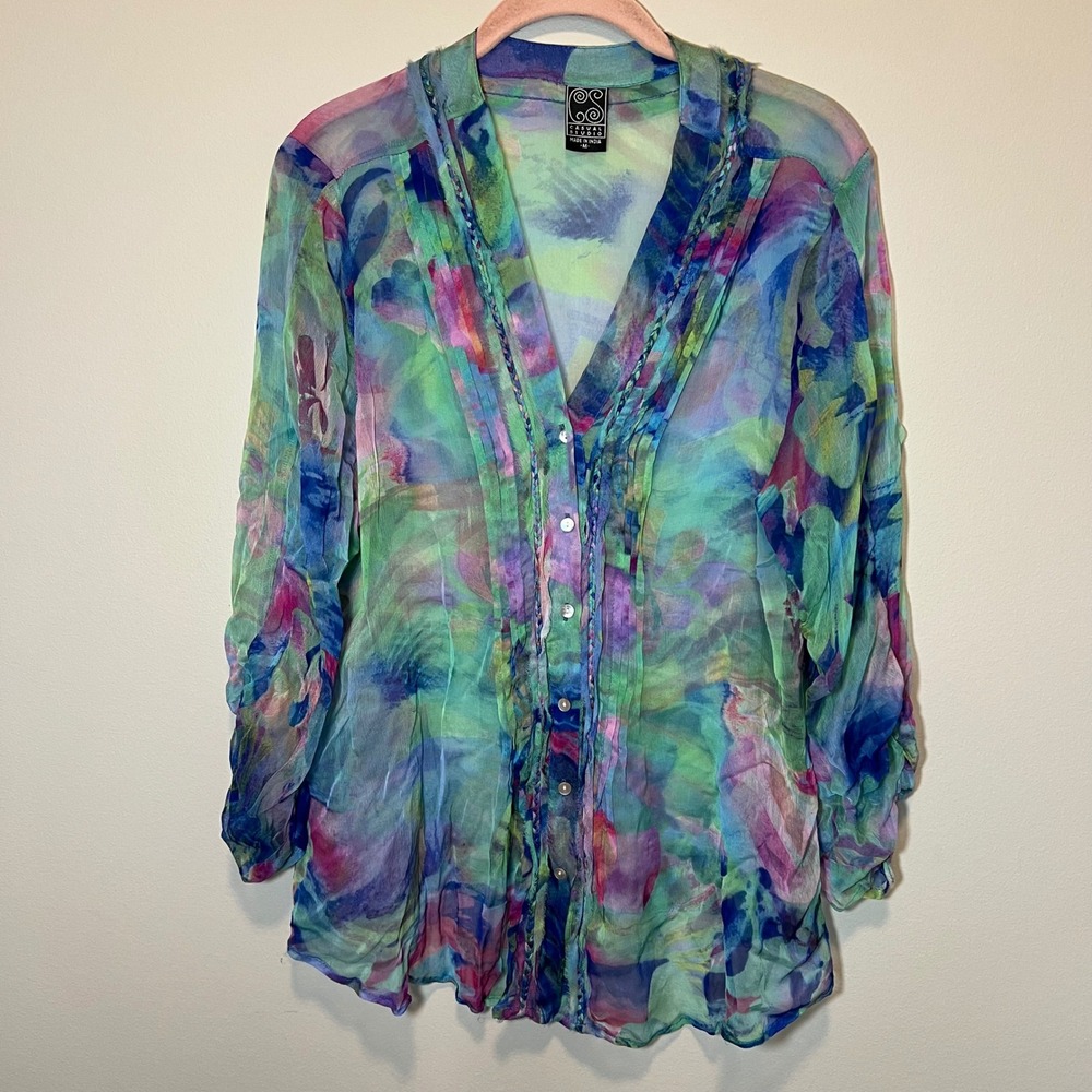 Casual Studio Sheer Watercolor Floral Blouse Multi-Color Pleated V-Neck Medium